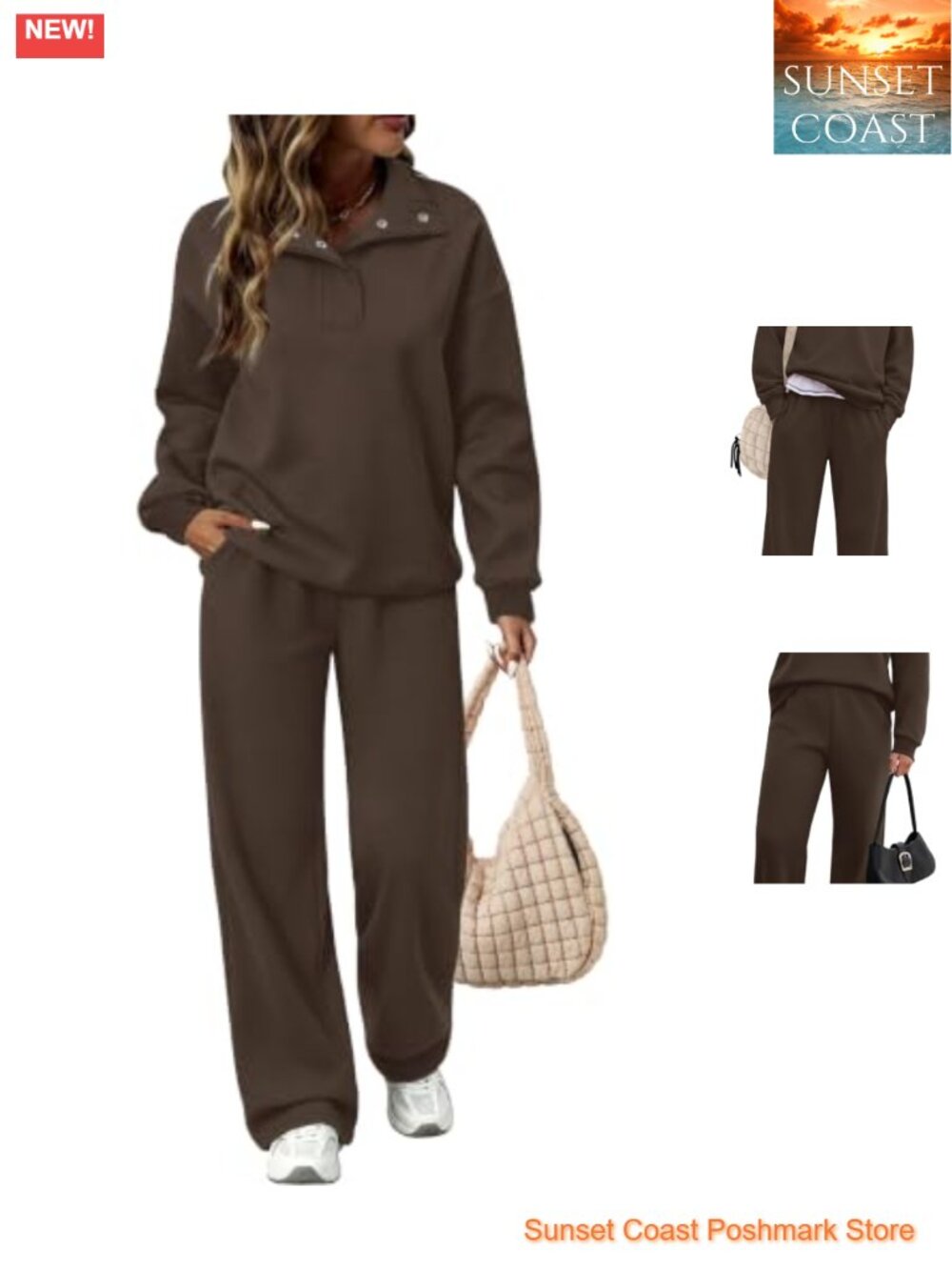 Women's 2 Piece Sweatsuit Set Henley Snap Top Bootcut Sweatpants Lounge Travel